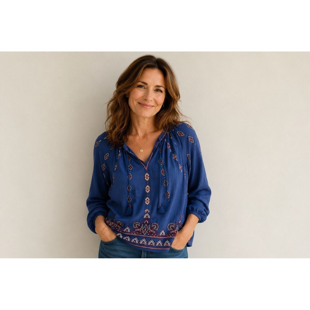 J Jill Womens Small Blue Embroidered Boho Peasant Blouse Tunic Tassel Rayon